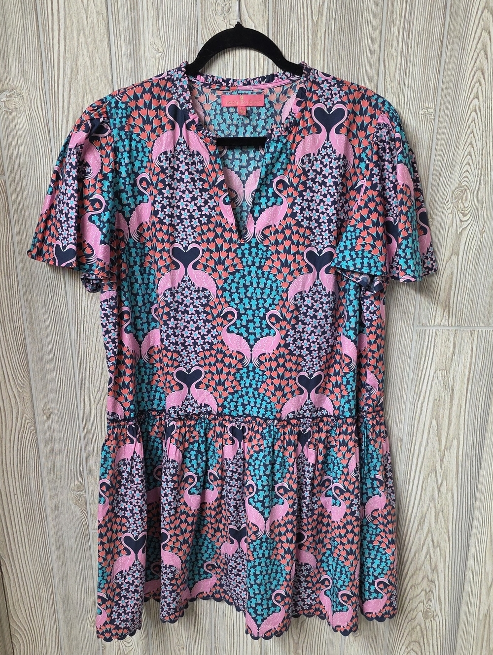 Siimply Southern Flamingo & Flower Print Drop Waist Short Sleeve Dress Womens L